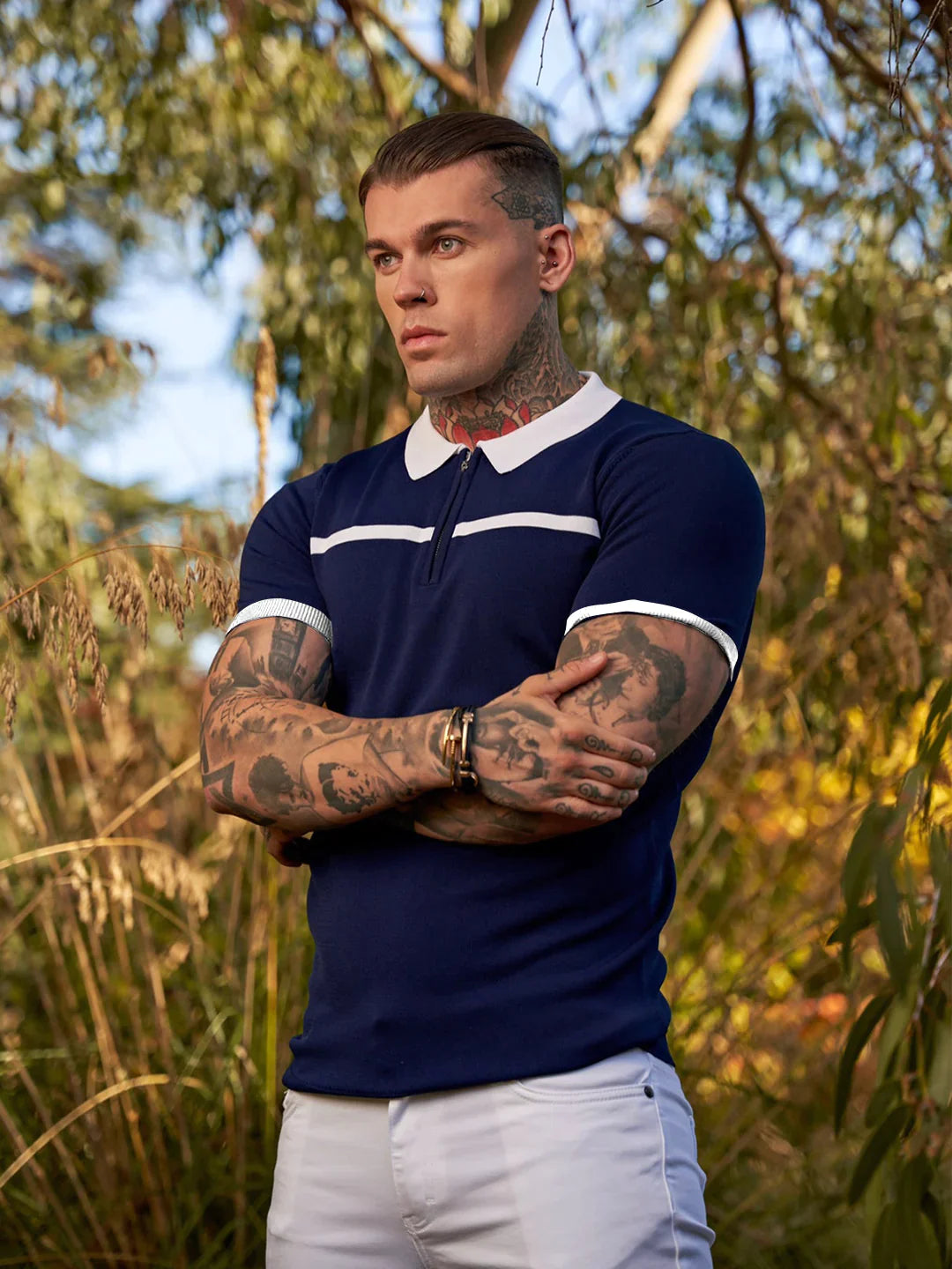 Men's White Horizontal Stripe Zipped Cotton Polo