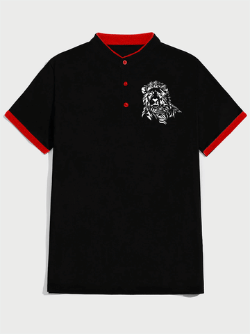 Men's Slim Fit Graphic Wight lion Print  Mandarin Collar Polo