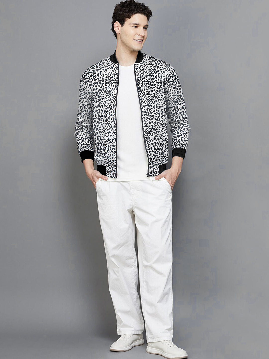 Men's White Leopord Self Printed inside Fur Bomber Jacket