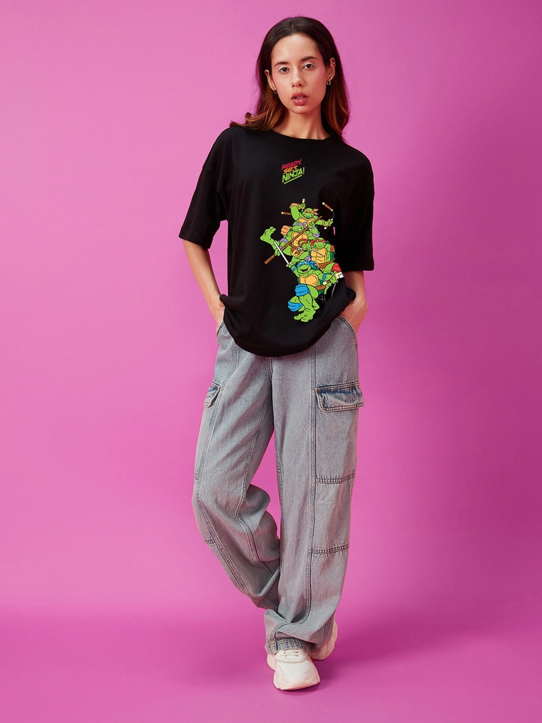 Women's Ready Set Ninja Oversized Black Graphic Tee