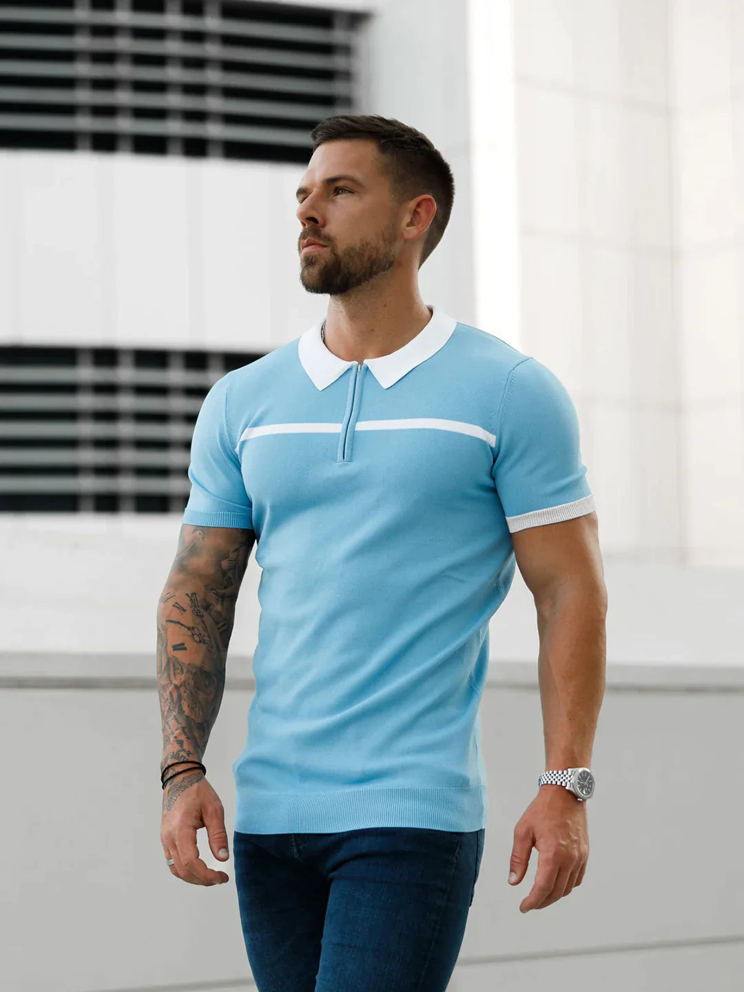Men's White Horizontal Stripe Zipped Cotton Polo