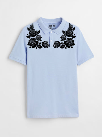 Men's Floral Printed  Sky Cotton Polo