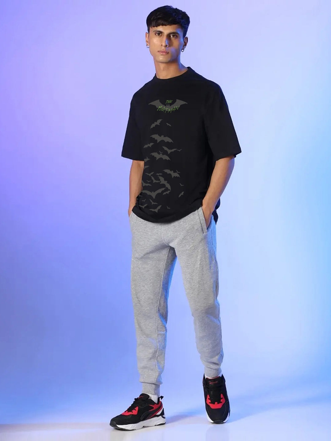 Men's The Batman Oversized Black Graphic Printed Cotton Tee