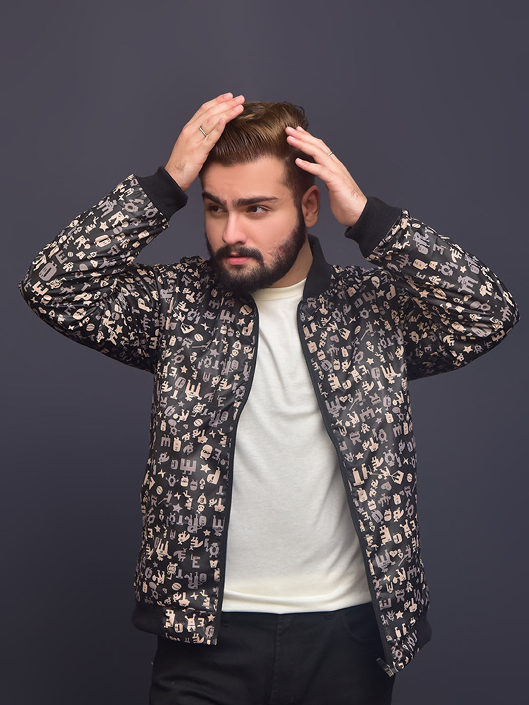 Men's All Over Self Printed inside Fur Bomber Jacket