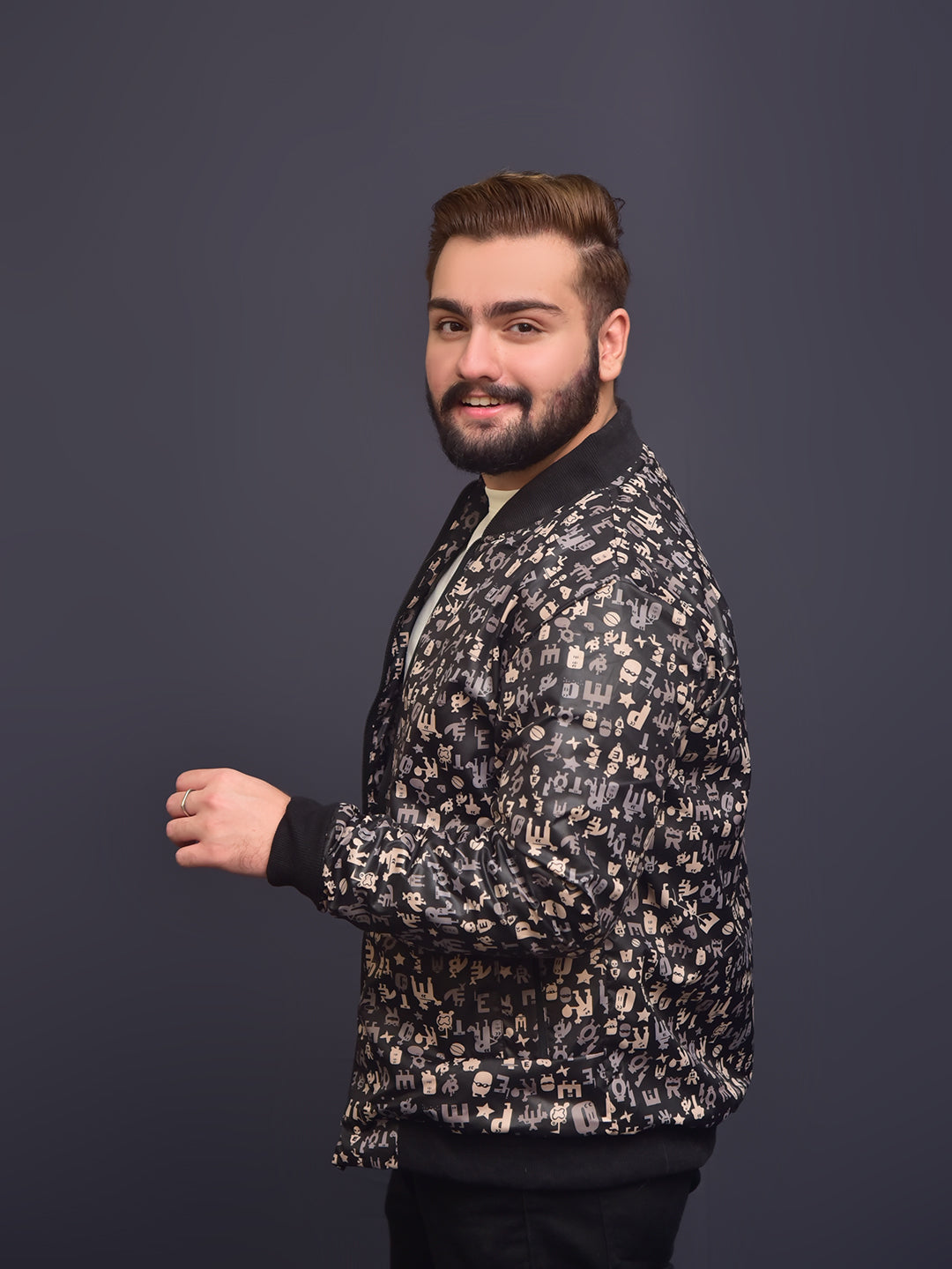 Men's All Over Self Printed inside Fur Bomber Jacket