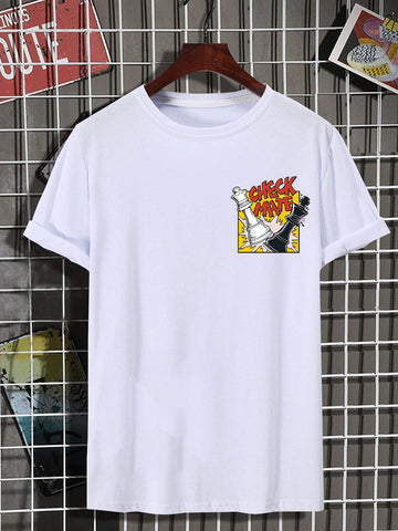 Men's Check Mate Print Graphic Slim Fit White Tee