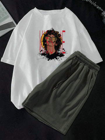 Men's Feel The Vibes Graphic Tee & Drawstring Waist Twin Set / Tracksuits
