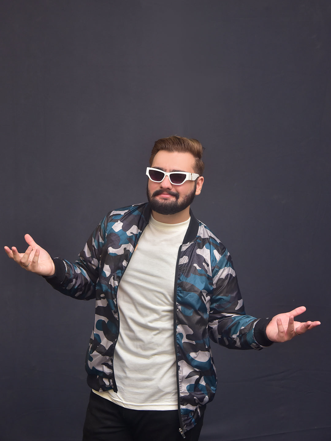 Men's Camo Self Printed inside Fur Blue Bomber Jacket