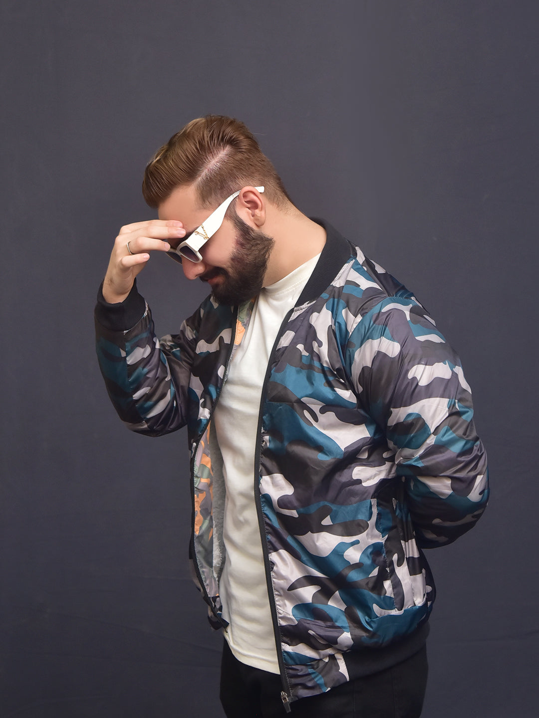 Men's Camo Self Printed inside Fur Blue Bomber Jacket
