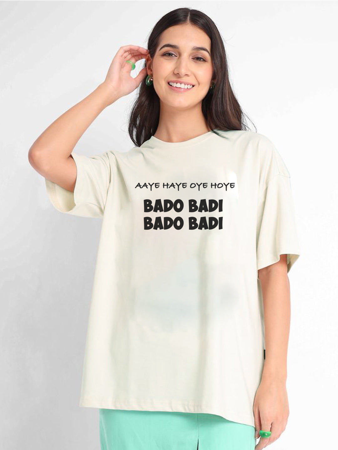 Unisex off Shoulder Bado Badi, Oversized Graphic Printed Tee